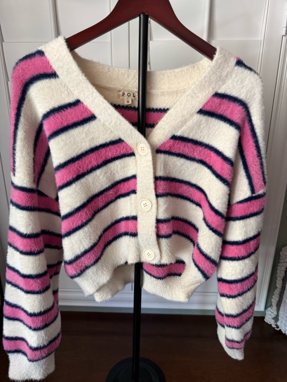 POL Cropped Fuzzy Cardigan in Cream, Pink & Navy Stripes NWOT